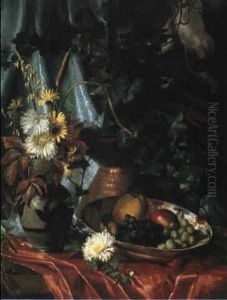 Nature Morte Med Fad Med Frugt, Chrysanthemer Og Kobberbotte
