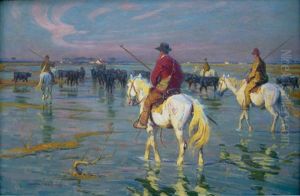Gardians A Cheval Escortant Les Taureaux