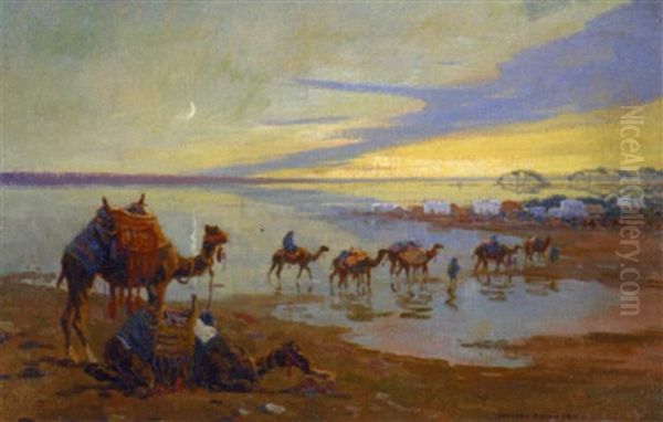 Caravane Au Soleil Couchant Lors Des Innondations Du Nil - view 1