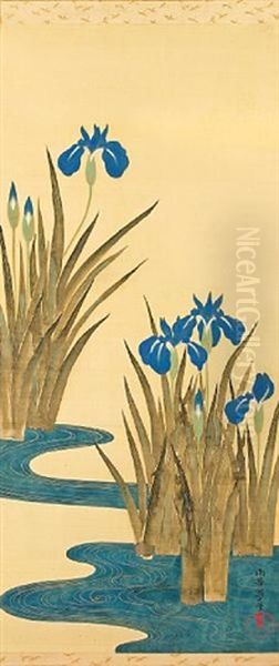 Irises Beside A Stylized Curving Stream - view 1