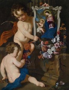 Zwei Putten Mit Einem Bild Der Madonna Mit Dem Jesusknaben Und Blumen Vor Dem Fragment Einer Barocken Mauer Zwei Putten Mit Einem Bild Der Madonna Mit Dem Jesusknaben Und Blumen Vor Dem Fragment Einer Barocken Mauer