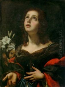 A Portrait Of A Female Saint With A Cherub Holding Lillies