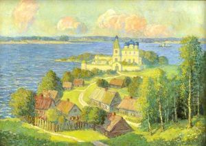 Fruhlingslandschaft Mit Kloster Und Dorf An Der Wolga