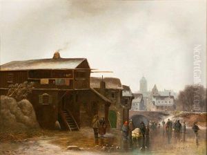 Isvergnugen Auf Zugefrorenem Kanal Vor Stadthintergrund by Anton Doll