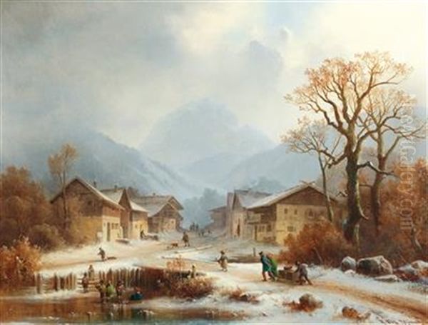 A Winter Village Landscape With Children Playing - view 1