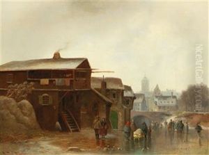 Winter Amusements With A Town In The Background by Anton Doll