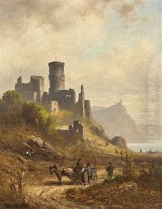 Pferdefuhrwerk Und Figurenstaffage Vor Burgruine Pferdefuhrwerk Und Figurenstaffage Vor Burgruine