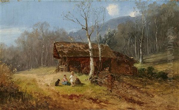 Children Near A Hut In The Alpine Upland - view 1
