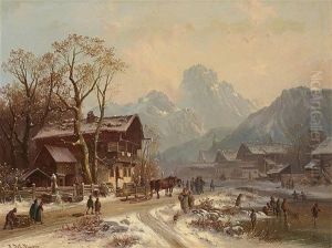 A Village In A Mountainous Winter Landscape by Anton Doll