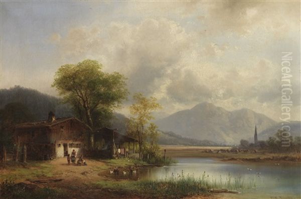 Oberbayerische Landschaft Mit Waschhaus Am See - view 1