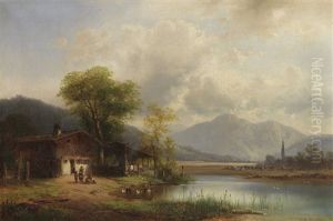 Oberbayerische Landschaft Mit Waschhaus Am See