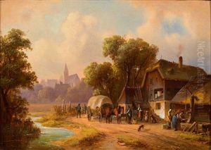 Sommertag Auf Dem Land. Vor Altem Gehoft Rastende Mit Fuhrwerk. by Anton Doll