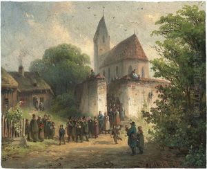 Frohlicher Hochzeitszug Vor Einer Dorfkirche