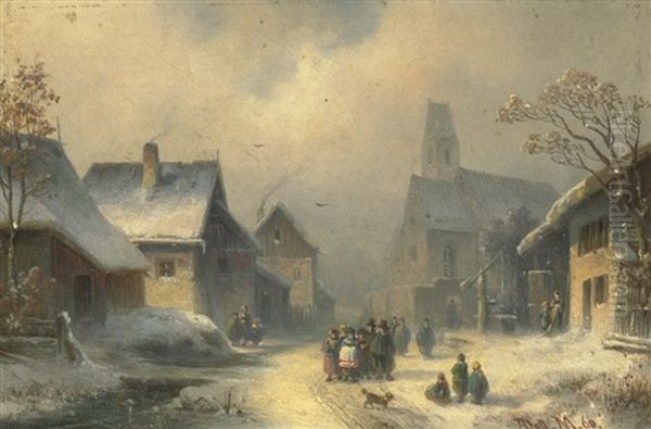 Winterliche Dorfstrase Mit Kirchgangern - view 1