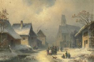 Winterliche Dorfstrase Mit Kirchgangern by Anton Doll