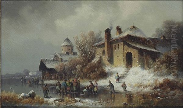 Figures On A Frozen River Close To A Village - view 1