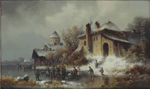 Figures On A Frozen River Close To A Village by Anton Doll
