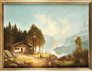 Romantische Alpenlandschaft Mit Hutte Am Bergsee Und Personenstaffage