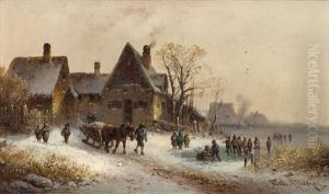 Winterlandschaft Mit Pferdeschlitten Und Eislaufern