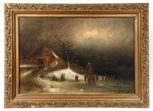 Winter Scene With Figures At Inn On Canal