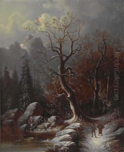 Begegnung In Winterlicher Gebirgslandschaft by Anton Doll