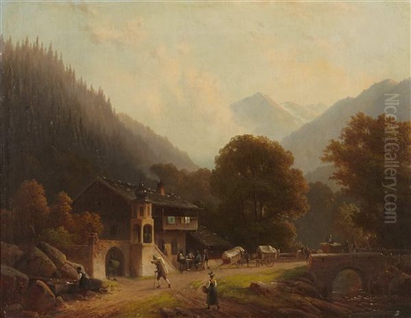 Figures On A Road In A Mountain Village - view 1