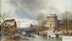 Winterliches Eisvergnugen Auf Dem Zugefrorenen Kanal Einer Stadt