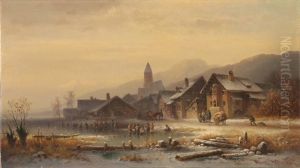 Winterliche Dorflandschaft An Einem Gefrorenen See by Anton Doll
