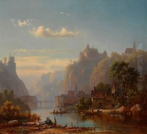 Flusslandschaft Mit Kleinem Stadtchen, Burg Und Bergkapelle