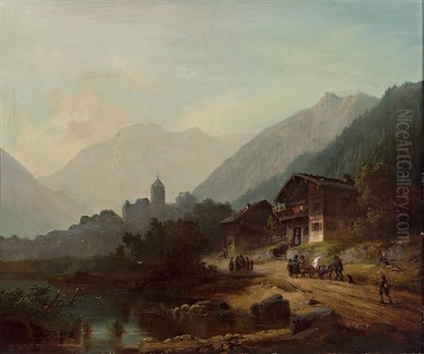 Tiroler Gebirgslandschaft Mit Festung Und Gehoften, Zahlreicher Personenstaffage Und Kleinem Gefahrt - view 1