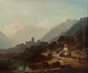 Tiroler Gebirgslandschaft Mit Festung Und Gehoften, Zahlreicher Personenstaffage Und Kleinem Gefahrt