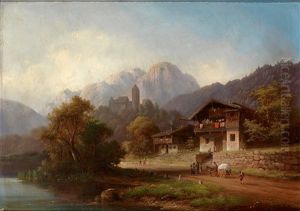 Tiroler Landschaft Mit Malerischem Gehoft Und Figurenstaffage