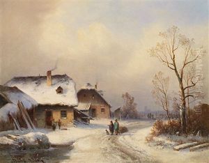 Verschneite Winterlandschaft Mit Malerischen Gehoften, Figurenstaffage Und Blick Auf Ferne Kirche Mit Doppelturmen (munchen?)