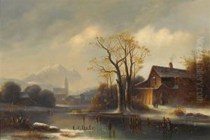 Eisvergnugen Auf Dem See Vor Einem Dorf