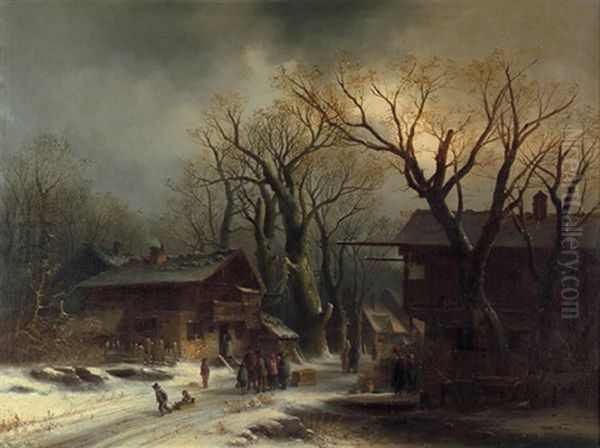 Winterliche Dorflandschaft Mit Kindern Beim Rodeln - view 1