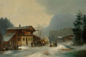 Winterliche Berglandschaft Mit Alter Strase Und Lebhaftem Treiben Vor Einem Gutshof by Anton Doll