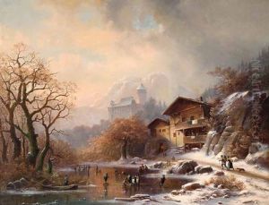 Winterlandschaft Mit See, Bauernhaus Und Im Hintergrund Eine Festung