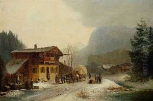 Winterliche Dorfstrase Mit Pferdefuhrwerk by Anton Doll