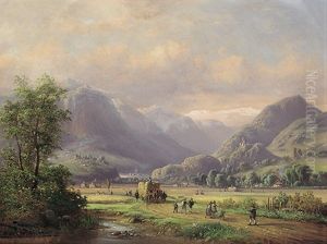 Abendliche Sommerlandschaft Bei Reichenhall Mit Hoch Beladenem Erntewagen Und Reicher Personenstaffage In Tracht Vor Gebirgshorizont by Anton Doll