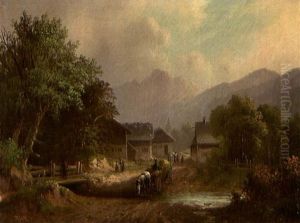 Ein Pferdefuhrwerk Uberquert Eine Furt, Im Hintergrund Gebirge Und Ein Dorf by Anton Doll