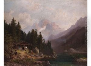 Gebirgssee Mit Almhutte Und Figurenstaffage
