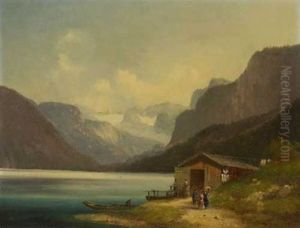 Spazierganger Bei Einem Bootshaus An Einem Gebirgssee