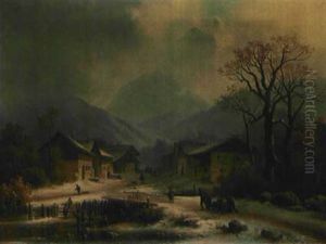 Winterlandschaft Mit Schlitten Ziehende Bauern Und Kindern Auf Dem Eis