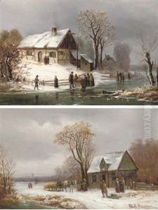 Villagers In Snowcovered Landscape (+ Another; Pair) by Anton Doll