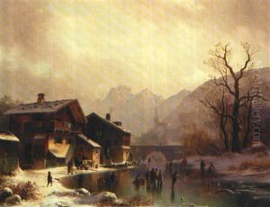 Folkeliv Pa En Tilfrossen Flod I En Landsby, I Baggrunden Alperne by Anton Doll