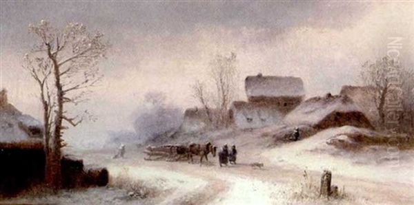 Verschneite Winterlandschaft Mit Pferdefuhrwerk Und Spaziergangern - view 1