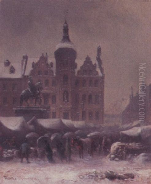 Markttag In Einer Winterlichen Stadt Mit Reiterstandbild - view 1