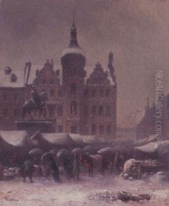 Markttag In Einer Winterlichen Stadt Mit Reiterstandbild
