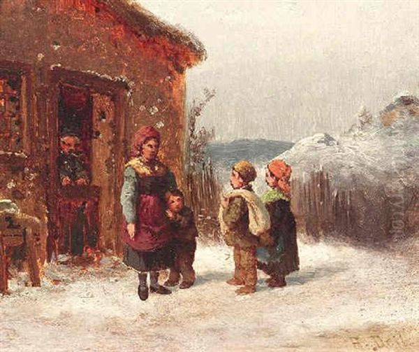 Familie Vor Einer Bauernkate In Winterlandschaft - view 1