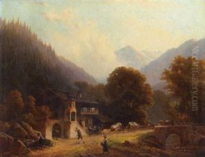 A Wooded Alpine Landscape With Figures On A Path In The Foreground by Anton Doll